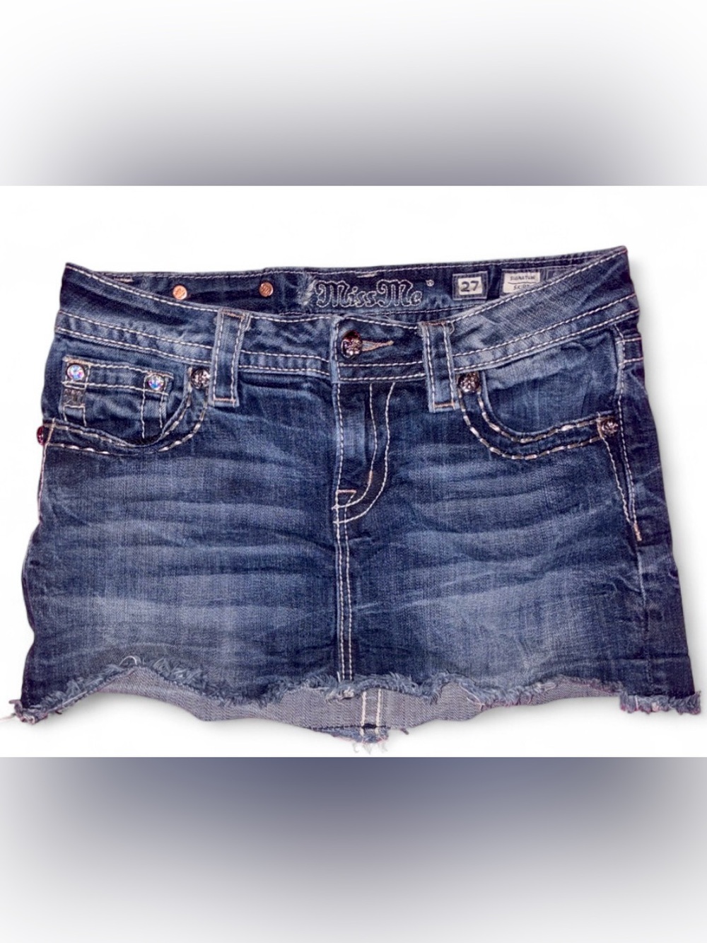 Miss Me Faded Blue Denim Mini Skirt with Contrast Stitching
